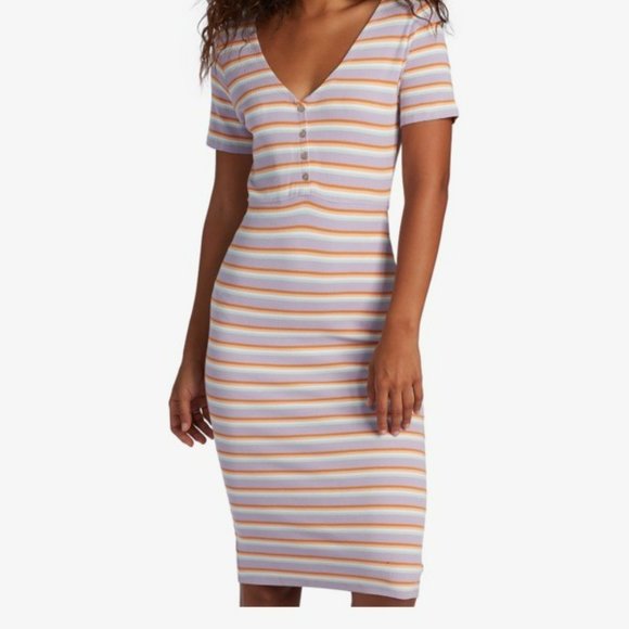 Roxy Bodycon Midi Dress Pink and White V-Neck - Picture 6 of 14